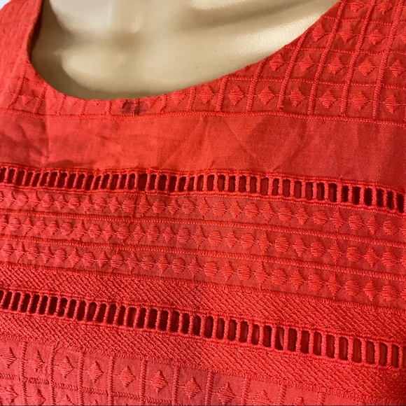J Crew Coral Red Eyelet Embroidered Tie Neck Flutter Sleeve Shift Dress Size 4. - Picture 11 of 11